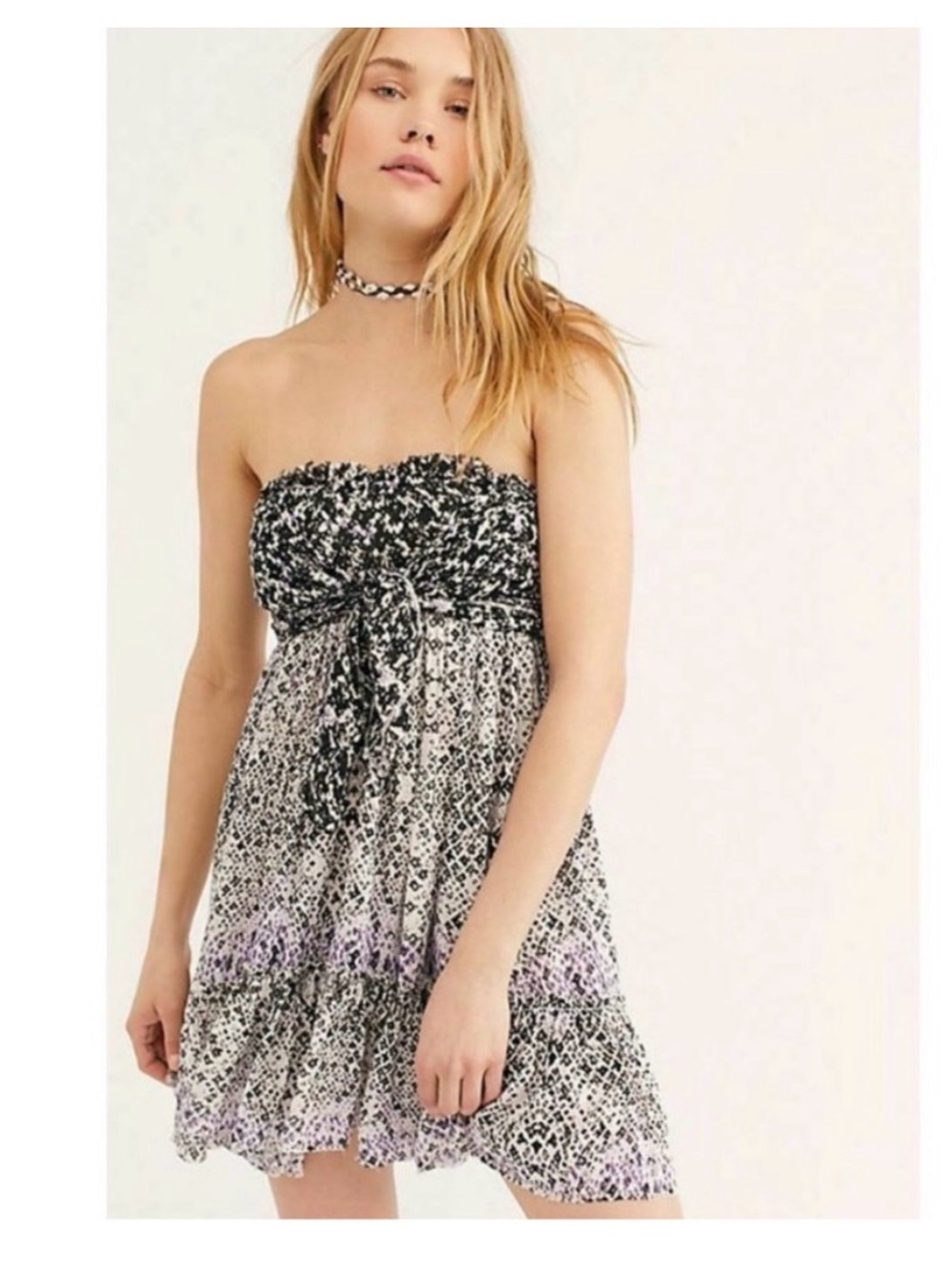 Free People Black & White Patterned Strapless Mini Dress